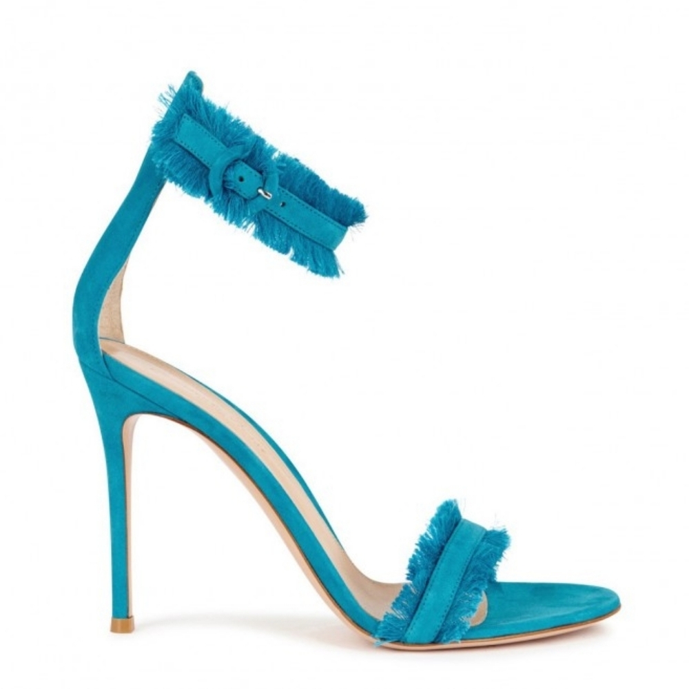 GIANVITO ROSSI Caribe turquoise fringed suede sandals Heels 36.5